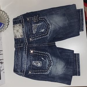 EUC*Miss Me super destructed rinestone embellished skinny jeans sz 25
